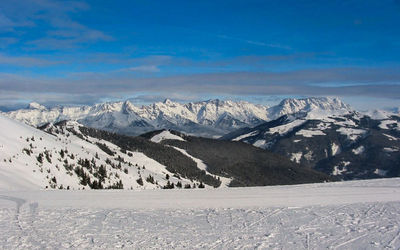 Scenic view of snow covered mountains against sky