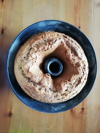 High angle view of cake in bowl on table