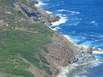 High angle view of rocks on sea shore