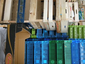 Stack of multi colored plastic crates