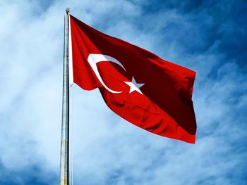 Low angle view of flag against sky