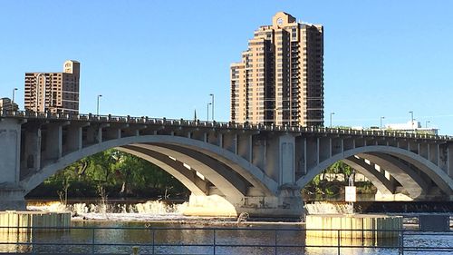 Bridge over river with buildings in background