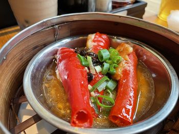 High angle view of fruits in bowl on table