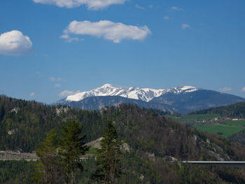 Scenic view of mountains against cloudy sky