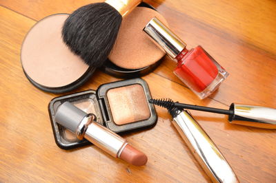 High angle view of cosmetics