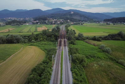 High angle view of agricultural field against sky