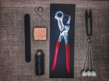 Directly above shot of various equipment on table