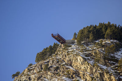 Low angle view of rock formation against clear blue sky