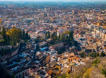 High angle view of buildings in city