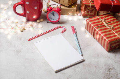 High angle view of christmas decoration on table