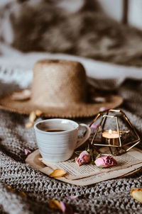Close-up of coffee cup on table