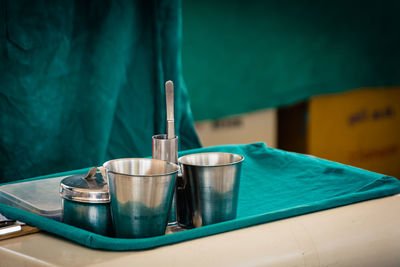 Medical tools in tray at clinic