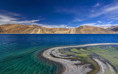 Scenic view of sea and mountains against sky