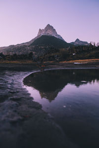 Scenic view of lake by mountains against clear sky