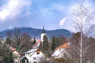 Trees and buildings against sky during winter