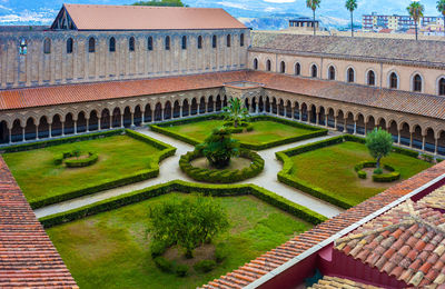 High angle view of plants in front of building