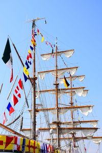 Low angle view of sailboat against clear blue sky