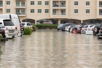 Cars on street by buildings in city