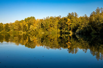 Scenic view of lake against clear blue sky