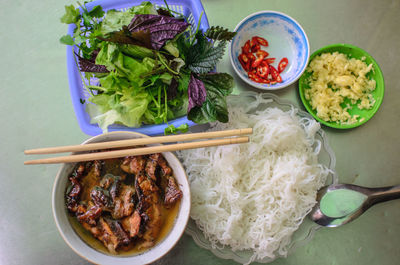 High angle view of meal served on table