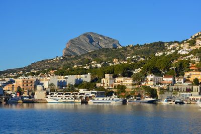 Scenic view of sea and buildings against clear blue sky