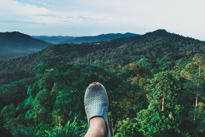 Low section of man over forest against sky