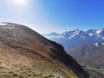Scenic view of snowcapped mountains against clear sky