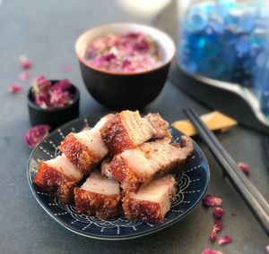 High angle view of dessert in plate on table