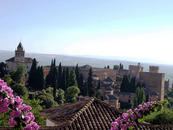 Panoramic view of buildings in city against clear sky