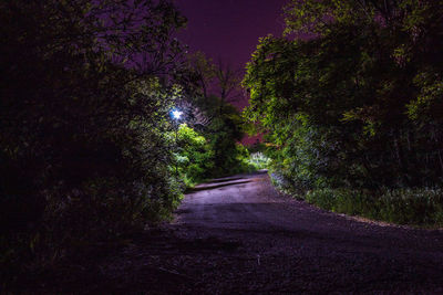 Road amidst trees in forest against sky at night