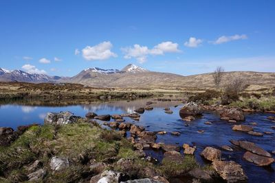 Scenic view of lake against blue sky