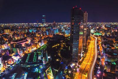 High angle shot of illuminated cityscape