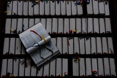 Close-up of books on shelf