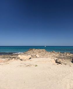 Scenic view of beach against clear blue sky