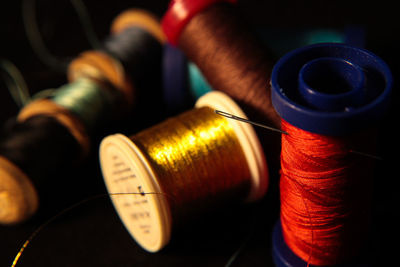 Close-up of multi colored objects on table