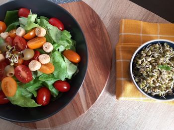 High angle view of salad in bowl on table