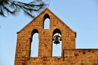 Low angle view of bell tower against sky