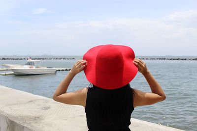 Rear view of woman standing in sea against sky