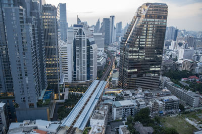 High angle view of modern buildings in city