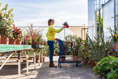 Side view of woman standing on chair against plants