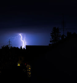 Firework display over silhouette trees against sky at night