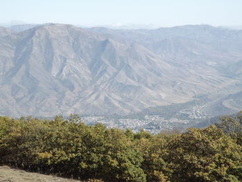 High angle view of landscape and mountains against sky