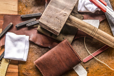 Close-up of leather materials in workshop