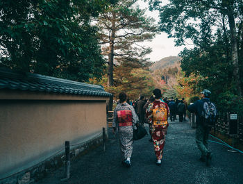 Rear view of people walking on plants