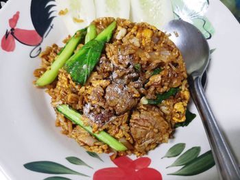 High angle view of food in plate on table