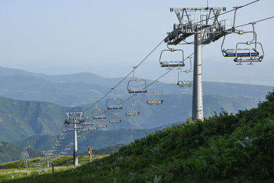 Overhead cable car against mountains