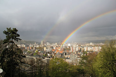 High angle shot of townscape against rainbow