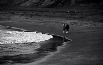 Rear view of people walking on beach
