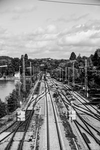 High angle view of railroad tracks against sky