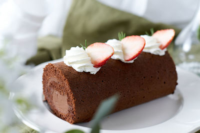 Close-up of chocolate cake in plate